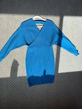 Amazon Blue Wrap-Style Mini Sweater Dress